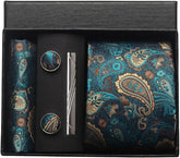 Conjunto Gravata de Seda Paisley Turquesa